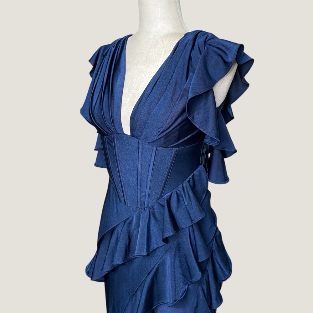 Navy Ruffle Corset Maxi Stretch Gown Dress Formal Slit Lace Up Back V Neck Sz XS - Picture 3 of 14